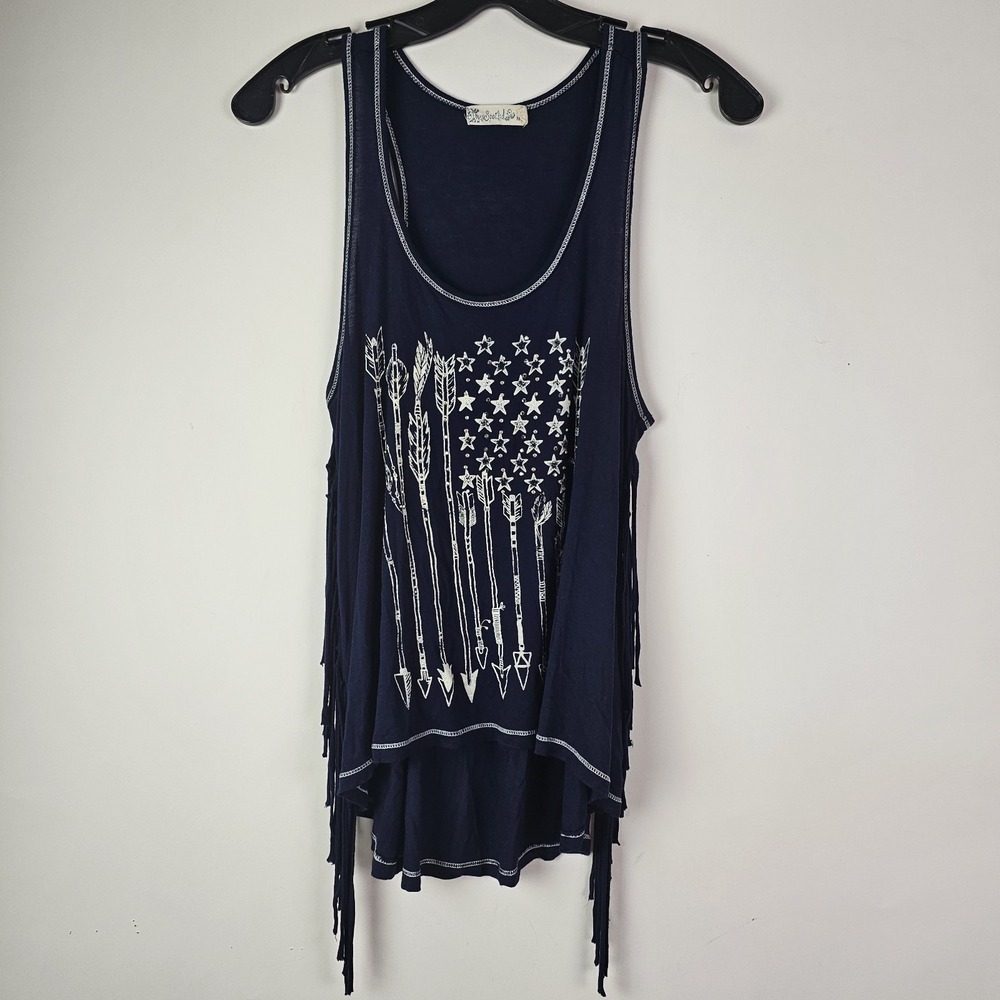 Spoiled Navy Blue Fringe Tank Top Womens Medium Boho Festival Flag Stars Arrows